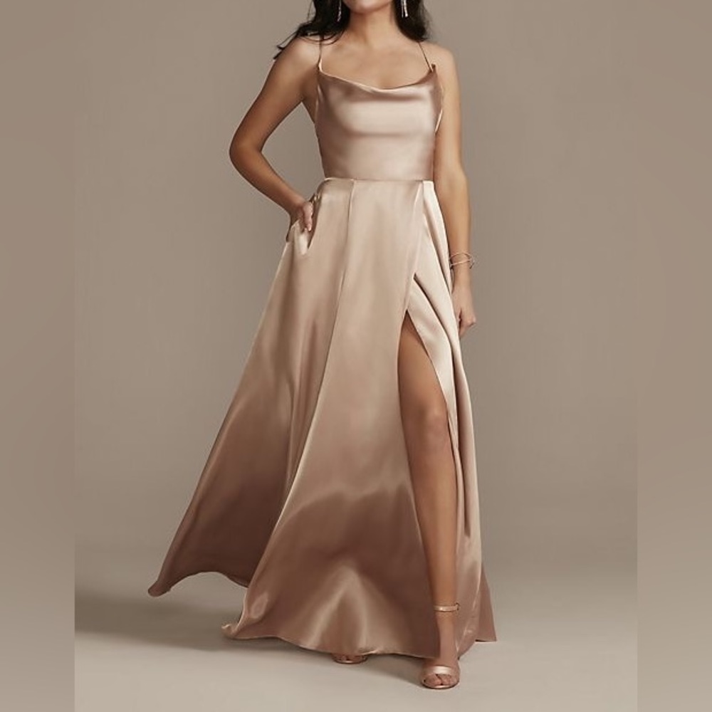 David’s Bridal CHARMEUSE COWL BRIDESMAID DRESS WITH LACE-UP BACK in Sand